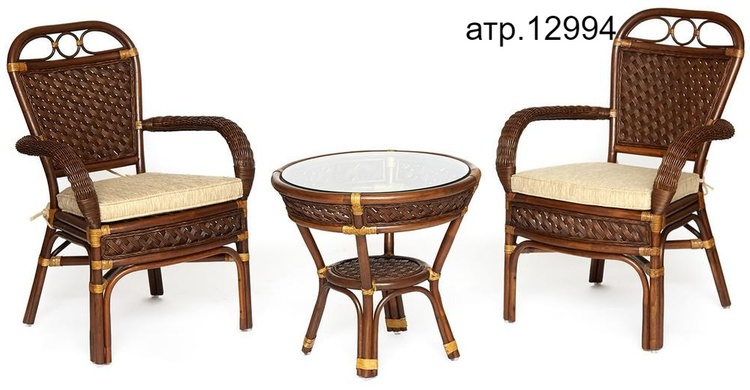 Комплект террасный ANDREA (стол кофейный со стеклом + 2 кресла + подушки) в Севастополе